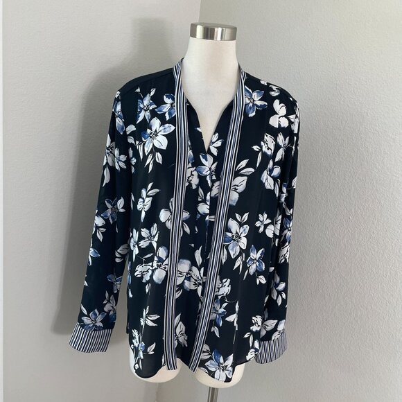 Nydj Womens Large Blue White Black Floral Tie Neck Blouse Long Sleeve Shirt Top - Picture 1 of 11